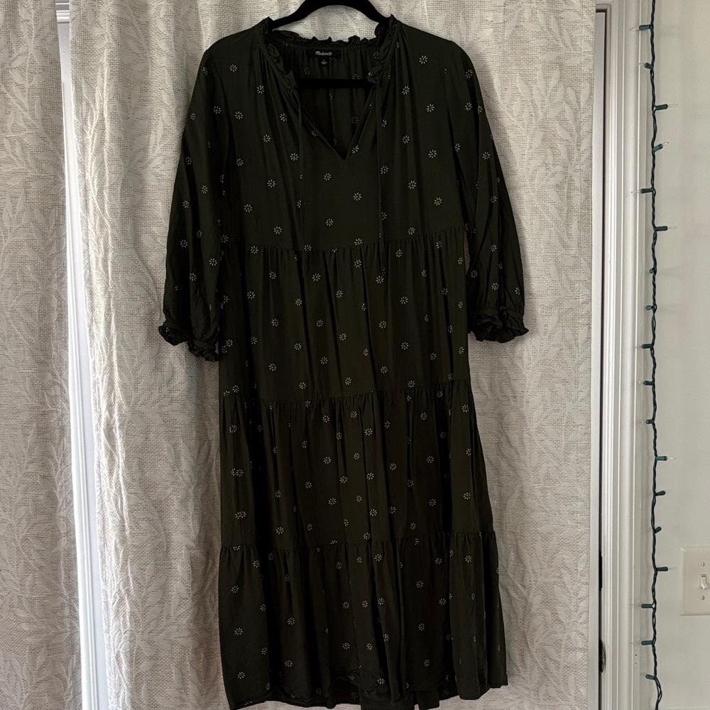 Madewell Olive Green Tiered Midi Dress with Tiny Dot Floral Print